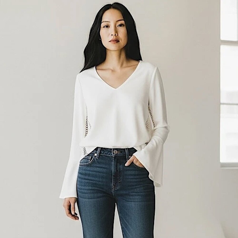 Jonathan Simkhai Blouse ivory white long bell sleeve lattice statement size 2